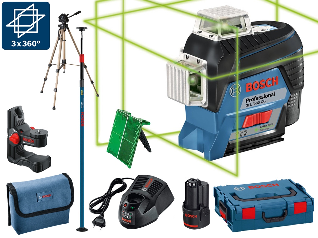 BOSCH GLL 3-80 CG laser krzyżowy liniowy zielony BM1 BT350 statyw