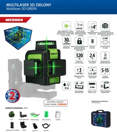 DEDRA MC0904 laser krzyżowy ZIELONY 3x 360° walizka